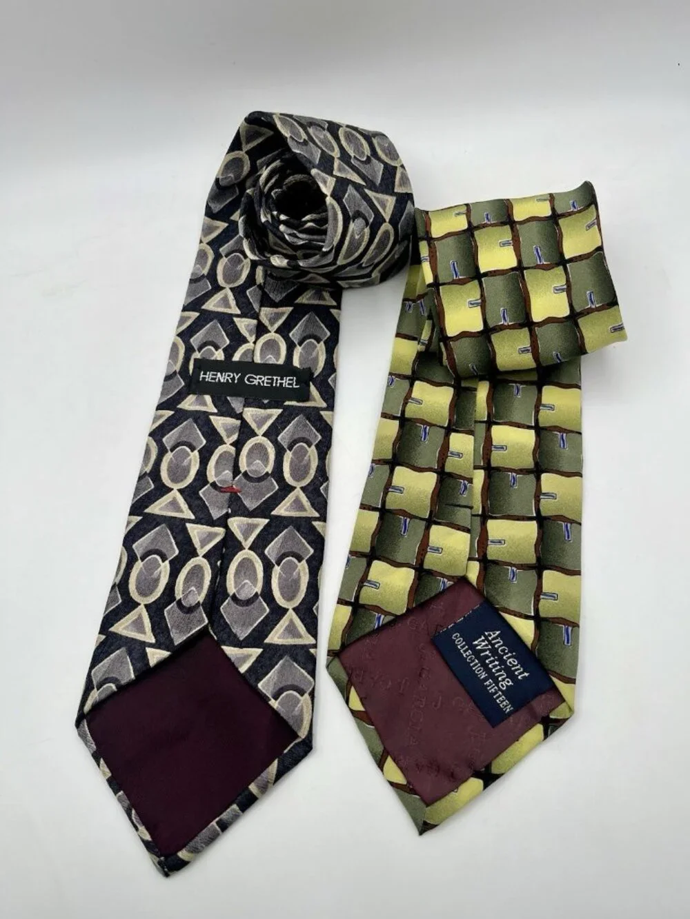 Vintage 1990s Silk Neckties Abstract Geometric Designer Mens Tie Lot Of 2 Green